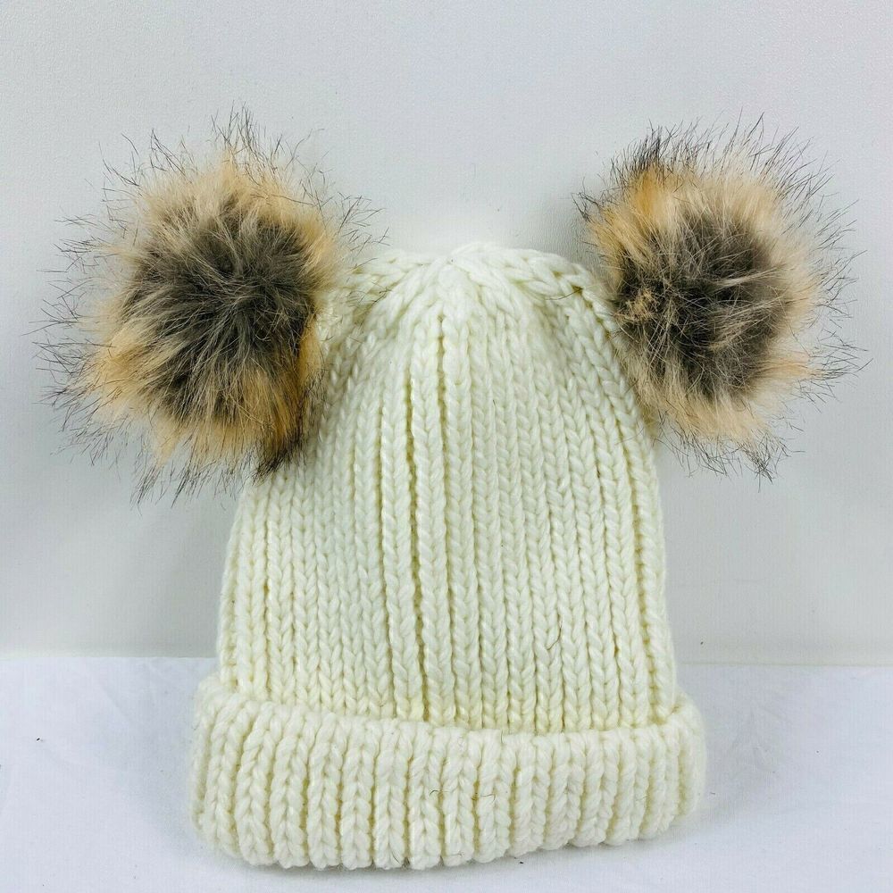 Rampage Foldover Pom Pom Ears Knit Beanie Hat